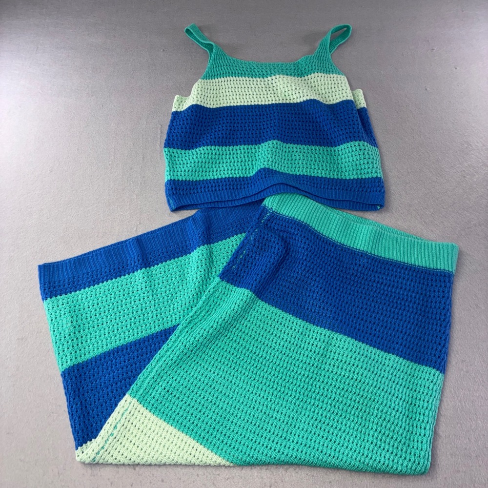 341 Blakeley Crochet Knit 2pc Set L/XL Blue Teal Striped Tank Maxi Skirt